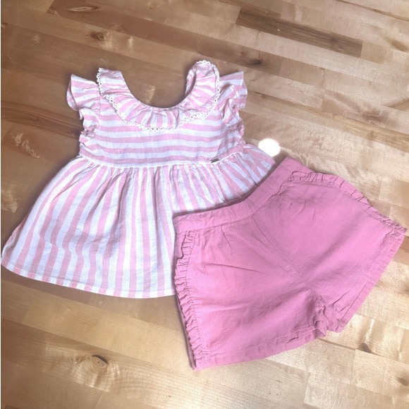 Mayoral Other - Mayoral Short Set Kids 24M Pink Excellent Striped Linen Blend Ruffle 2pc